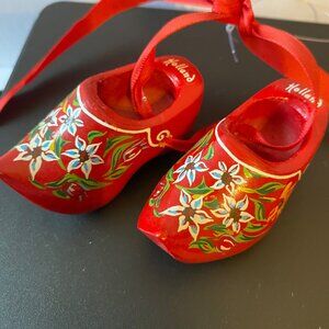 Mini Hand-Painted Wooden Dutch Clogs With Floral Design & Red Ribbon From Hollan